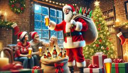 DALL·E 2024-12-22 15.28.54 - A photorealistic scene of Santa Claus delivering beer as gifts. Santa is dressed in his traditional red outfit with a big sack filled with beer bottle.webp